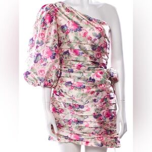 LoveShackFancy Pink and Green Floral One-Shoulder Dress